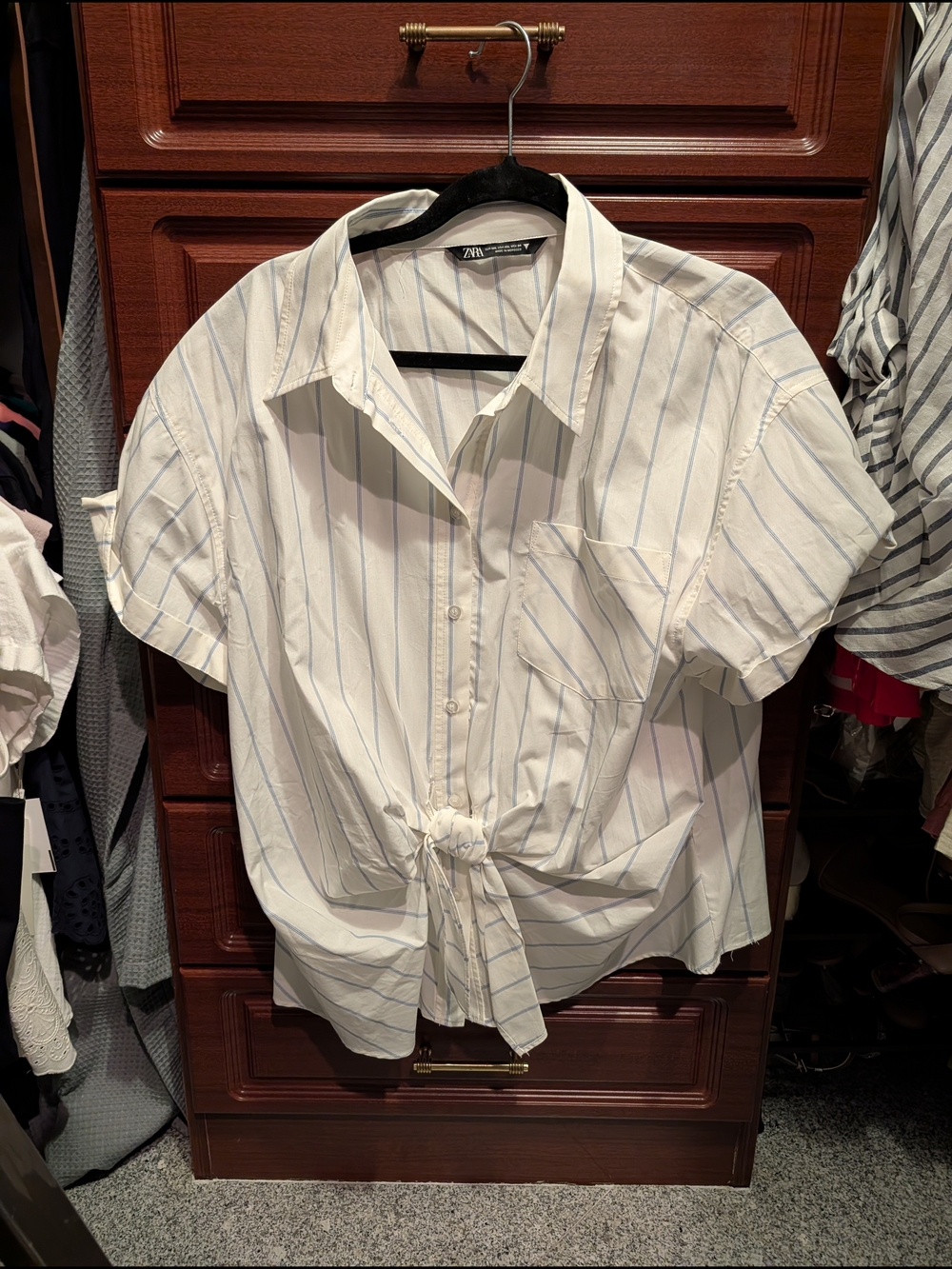 Zara White Shirt with Light Blue Pinstripes Tie-Front